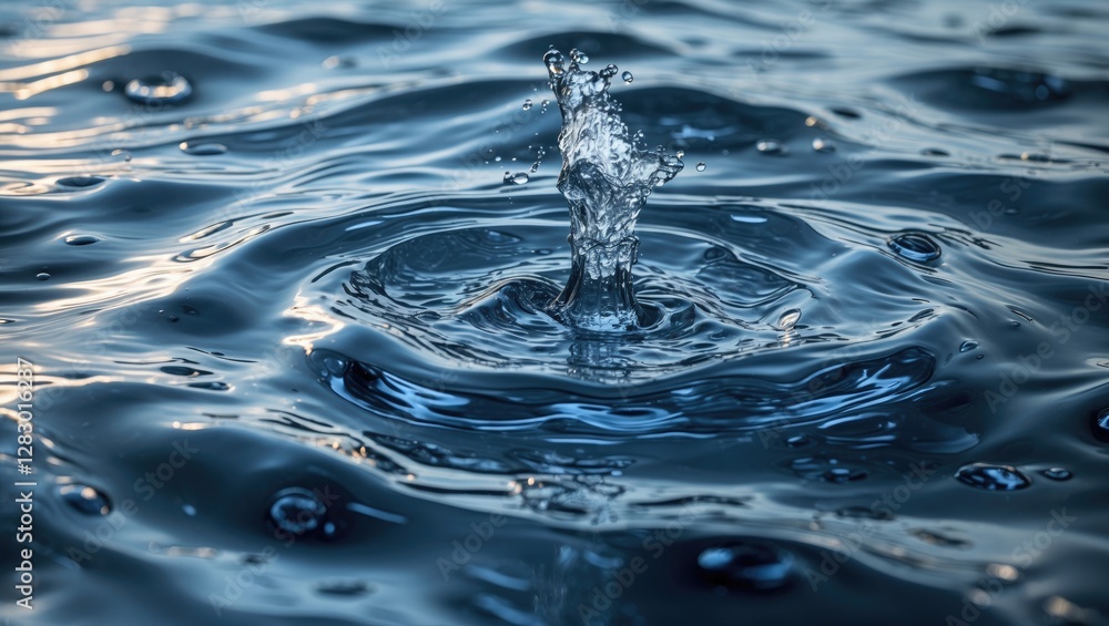 Poster water surface with ripple effect and splash captured in high detail showing droplets and reflections