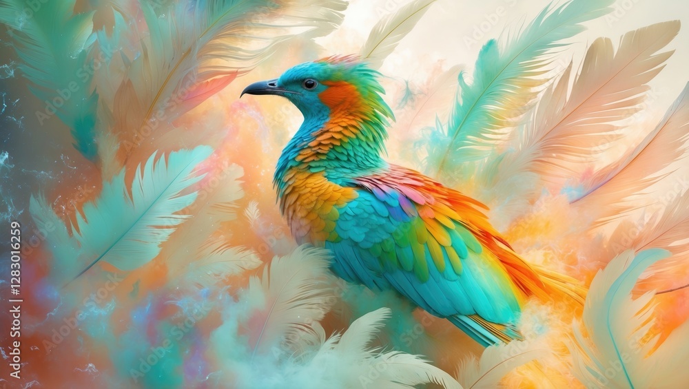 Poster vibrant abstract bird and feather composition featuring soft colors and a dreamy background ideal fo