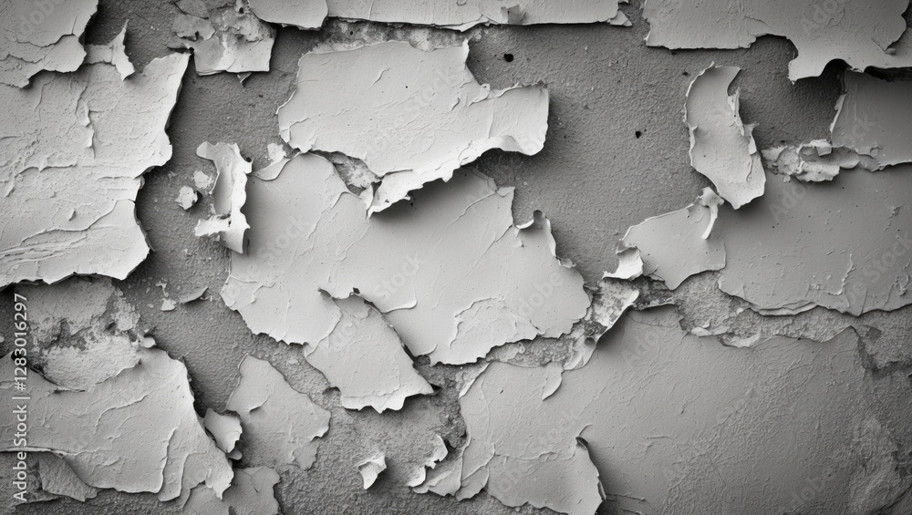 Poster peeling paint texture on a wall with fragments of white and gray layers creating an abstract pattern