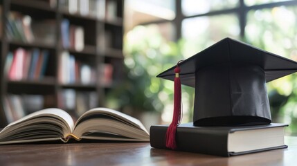 Graduation cap placed beside an open book