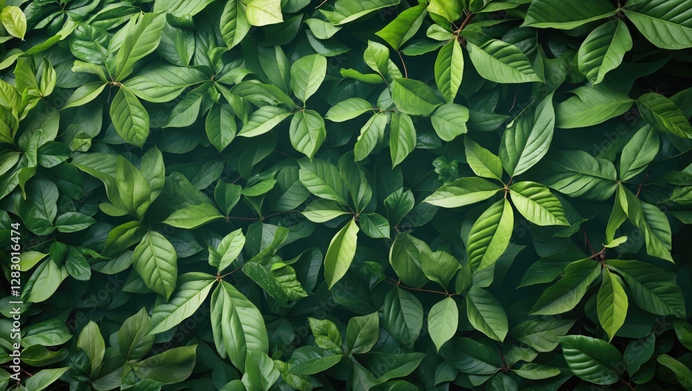 Aufkleber dense green foliage with various types of leaves in natural sunlight creating a textured background 