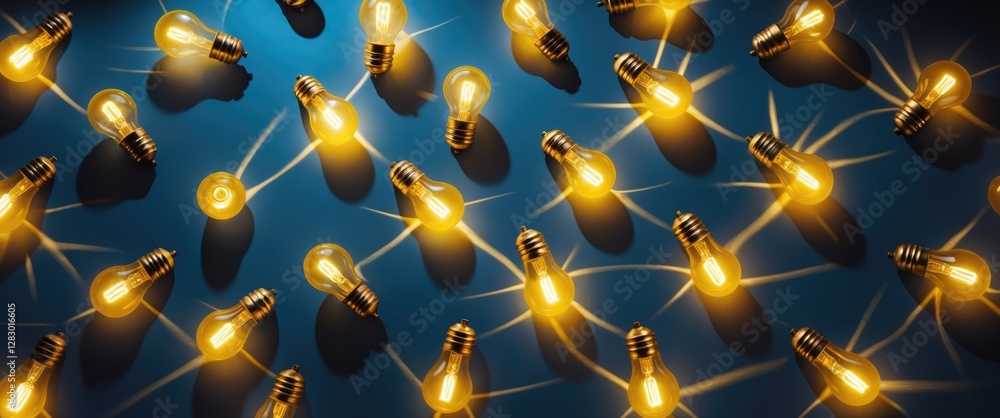 Poster background of glowing light bulbs with yellow illumination and distinct shadows casting on a blue su