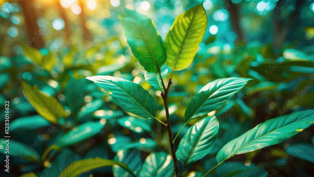 Poster close-up of vibrant green leaves in a forest with soft sunlight filtering through trees creating a l