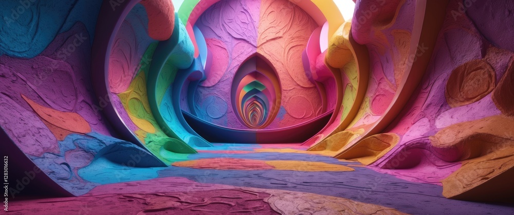 Poster vibrant abstract interior with colorful textured walls and fluid shapes creating a surreal and immer