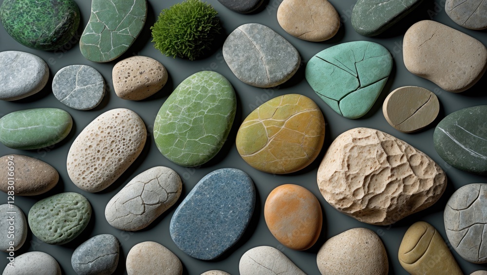 Poster assorted smooth multicolored stones with various textures and a small green moss tuft on a dark back