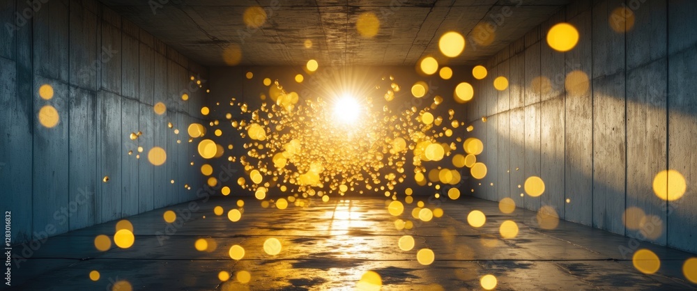 Poster empty indoor space with warm light rays and golden bokeh particles creating a dreamy atmosphere in a