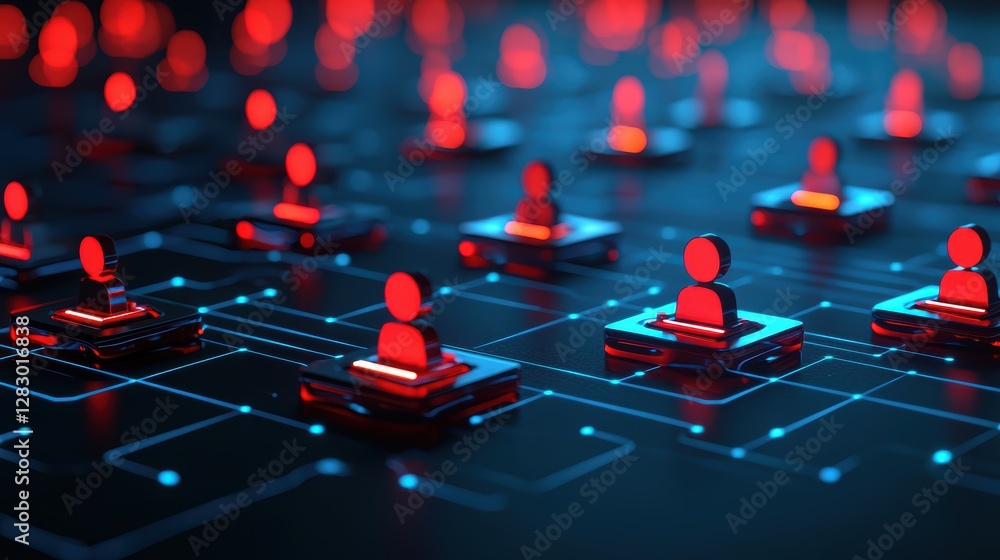 Poster intricate closeup of red and blue computer chip, exploring the complexities of modern circuitry semi