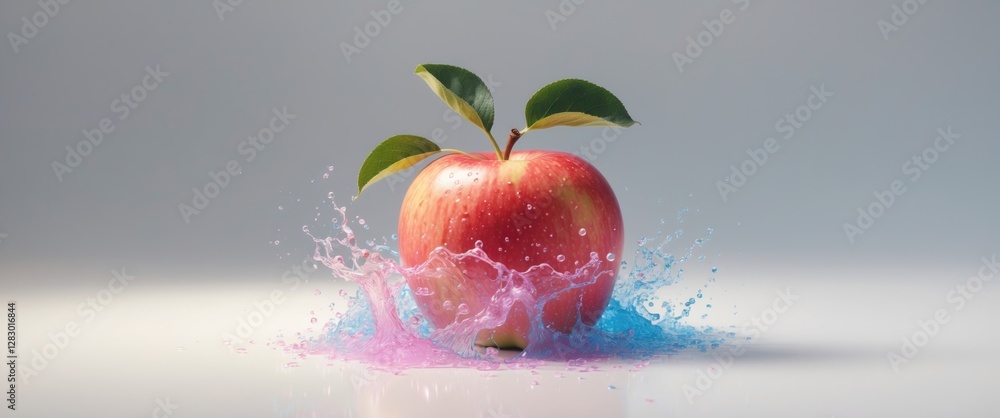 Poster red apple with leaves splashing in colorful water on a plain background