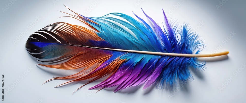 Poster vibrant multicolored feather on a soft white background showcasing intricate details and textures fo