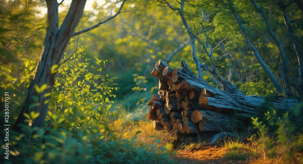Poster felled tree logs stacked beside a forest path surrounded by lush greenery and sunlight filtering thr