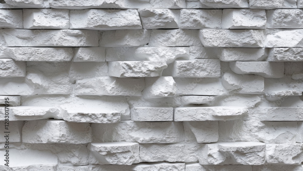 Poster textured white rock wall with uneven surfaces and layers providing depth and dimension in architectu