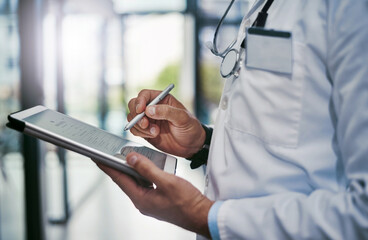 Man, hands and doctor writing with tablet for medical appointment, schedule or checklist at...