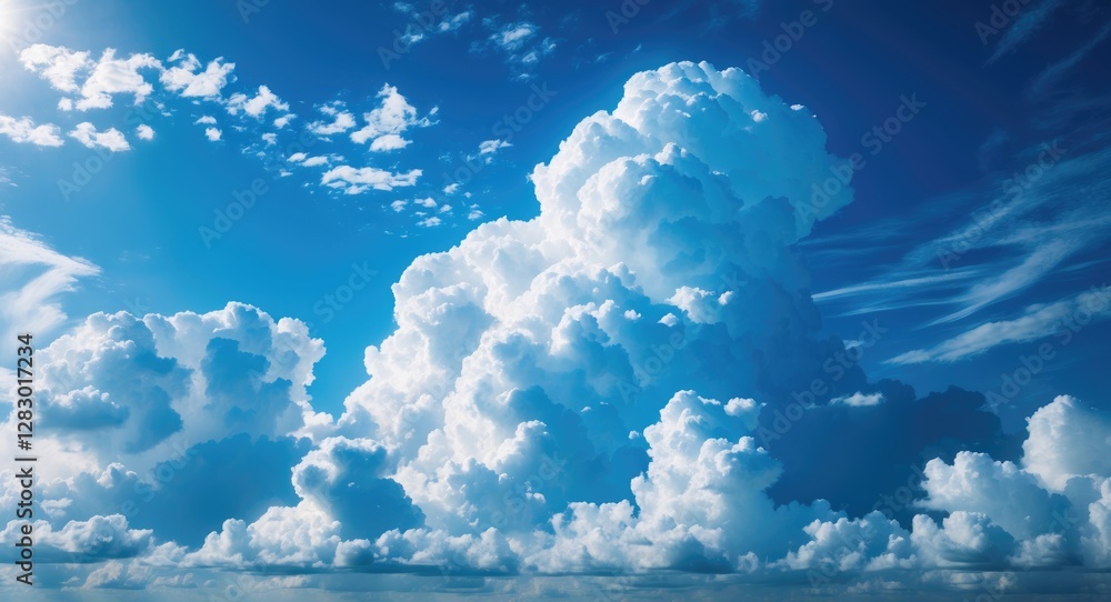 Poster fluffy white clouds in a bright blue sky with scattered clouds and sunlight creating a serene atmosp