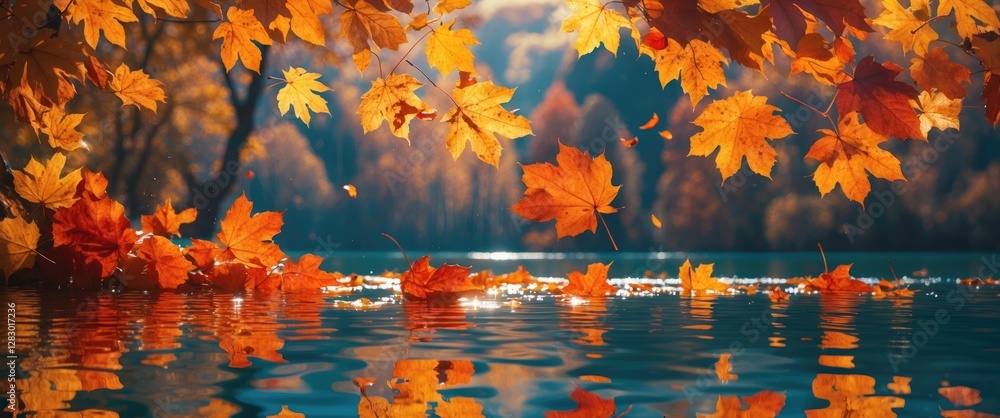 Poster autumn leaves floating on tranquil lake surface creating vibrant reflections under soft sunlight in 