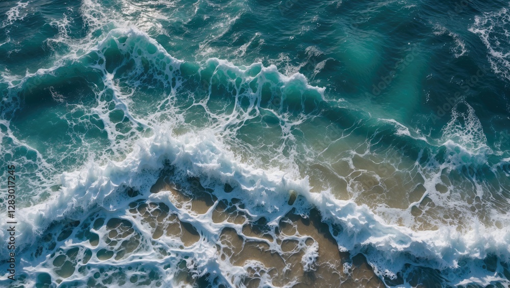 Poster aerial view of vibrant ocean waves crashing on the shore creating foam and patterns in turquoise and