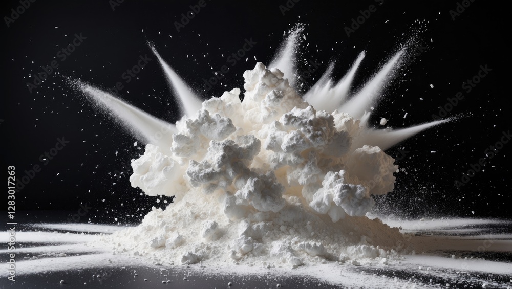 Poster white powder explosion with fine particles dispersing dramatically on a dark background creating a s