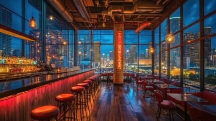 Rooftop Bar with City View at Night
