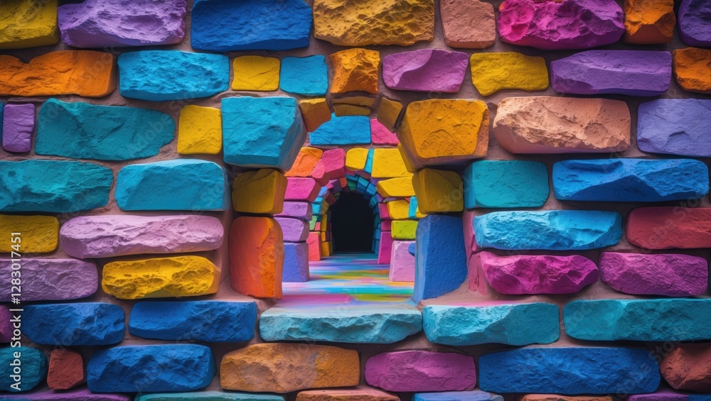 Poster vibrant abstract stone wall with colorful bricks creating a whimsical tunnel effect and playful atmo
