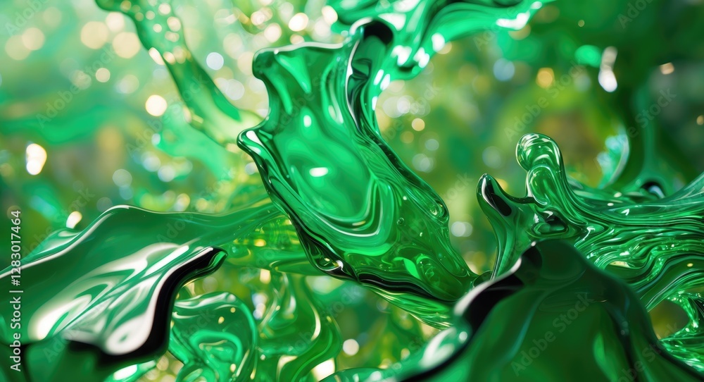 Poster abstract green fluid shapes with glossy texture and light reflections creating a vibrant organic com