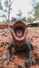 Obraz premium A lizard with its mouth wide open, showing its tongue. The lizard is in the dirt.