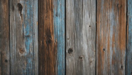 Fototapeta premium Textured wooden wall with a mix of gray, brown, and blue planks showcasing natural grain patterns and rustic charm