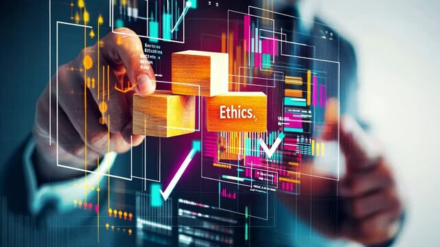 Navigating Business Ethics: A person interacts with blocks and data charts, a visual metaphor for the importance of ethics in the financial world. 