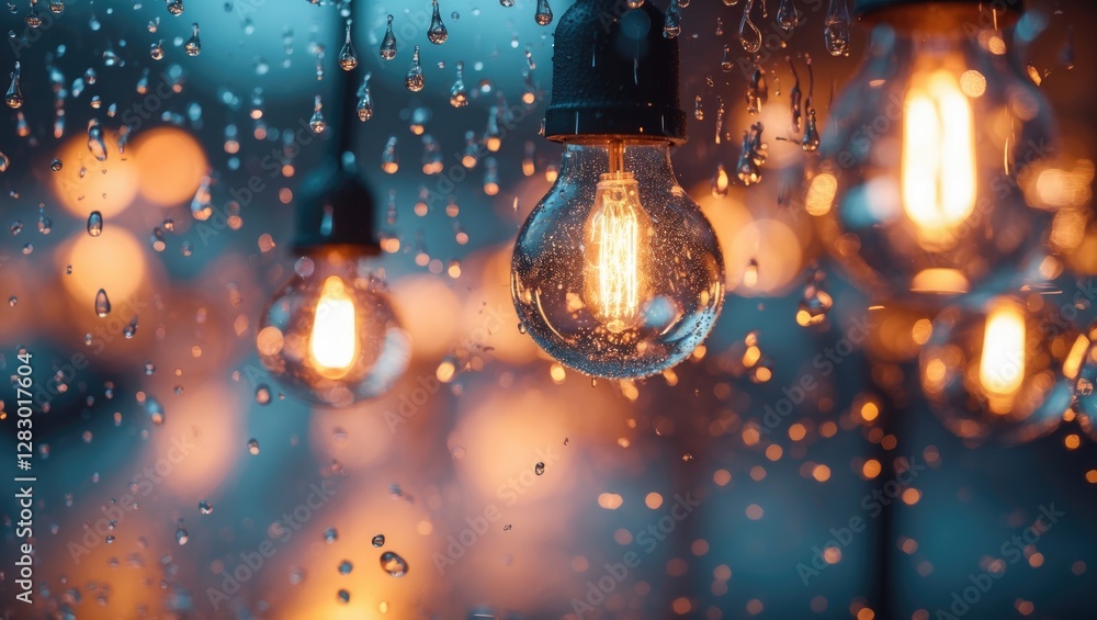 Poster glowing light bulbs with raindrops on glass background creating a blurred bokeh effect in evening se