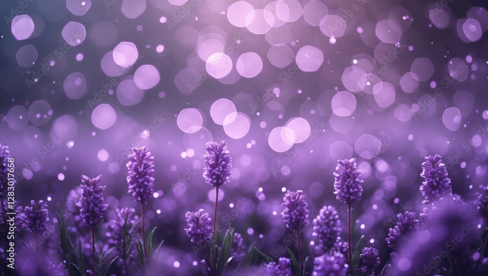 Poster lavender flowers with soft purple bokeh background creating a dreamy and serene atmosphere for textu