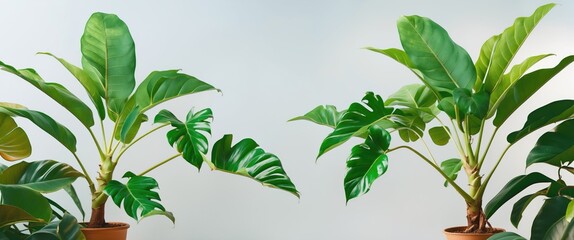 Potted tropical plants with large green leaves displayed against a light background in an indoor setting