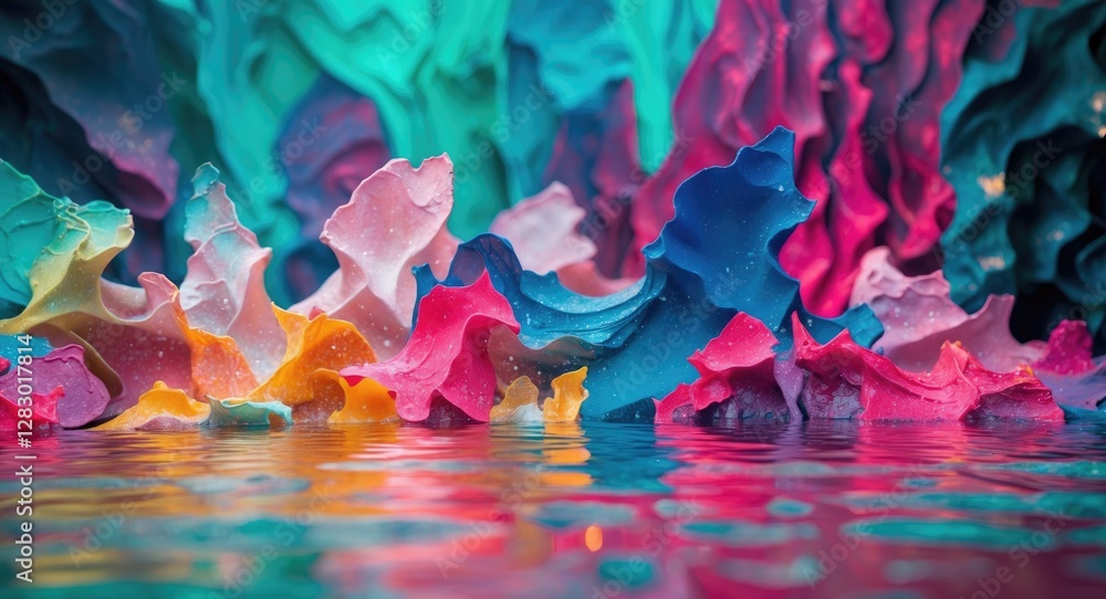 Poster vibrant abstract acrylic art with colorful textures reflecting in water creating a visually stunning