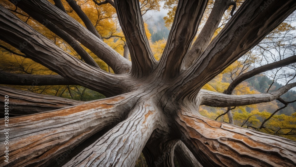 Poster view of an ancient tree trunk with sprawling branches surrounded by autumn foliage in a forest setti