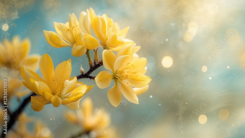 Poster yellow flowers on a branch with a blurred blue background and soft bokeh lighting in a serene natura