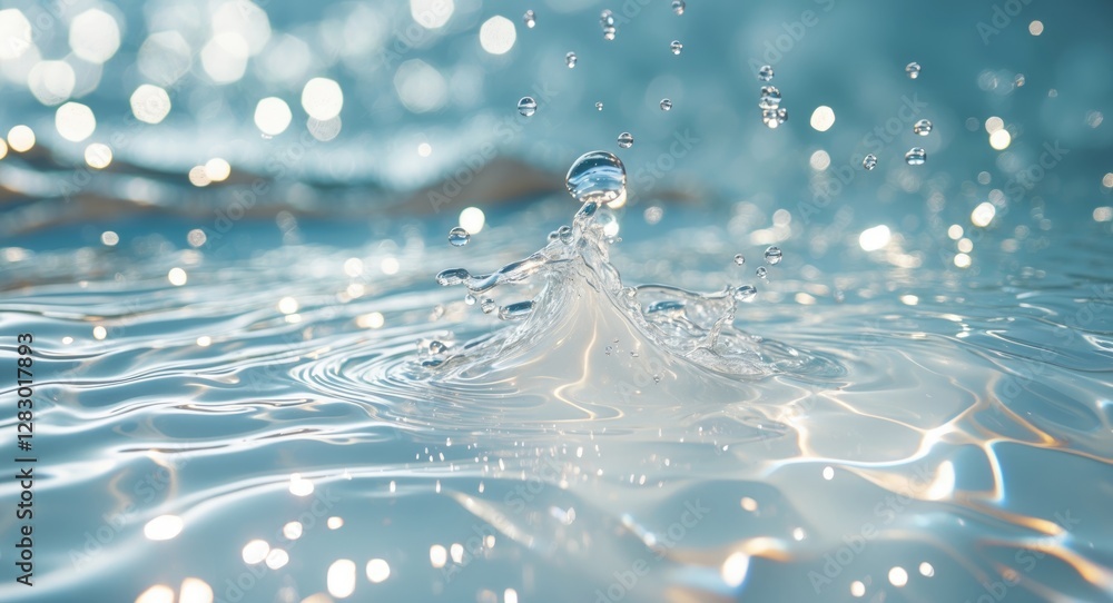 Poster water splash with droplets on smooth surface creating ripples and bokeh effect in a bright blue back