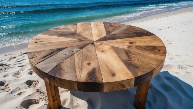 Round wooden table with geometric design on sandy beach near ocean waves under clear blue sky