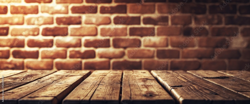 Poster wooden tabletop with textured surface in front of a rustic red brick wall background illuminated by 