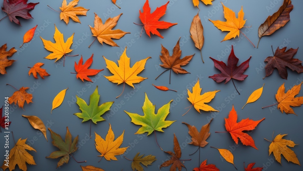 Poster colorful autumn leaves scattered on a gray background creating a vibrant seasonal pattern with ample