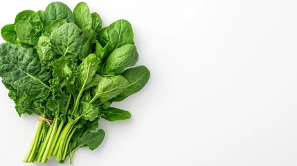 Fresh Bunch of Green Spinach and Kale Leaves Isolated on White. Generative AI