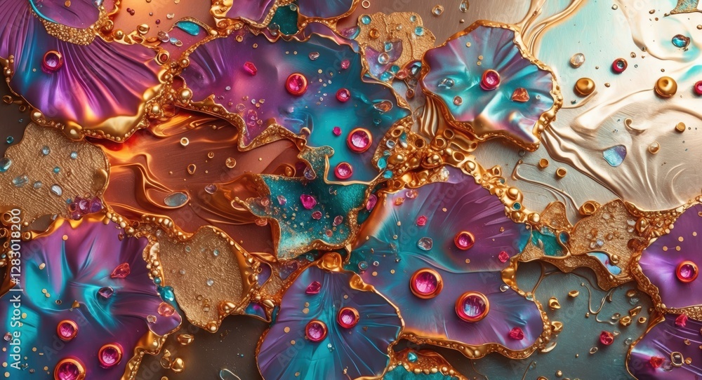 Poster vibrant metallic surface background with colorful abstract patterns and droplets for creative design