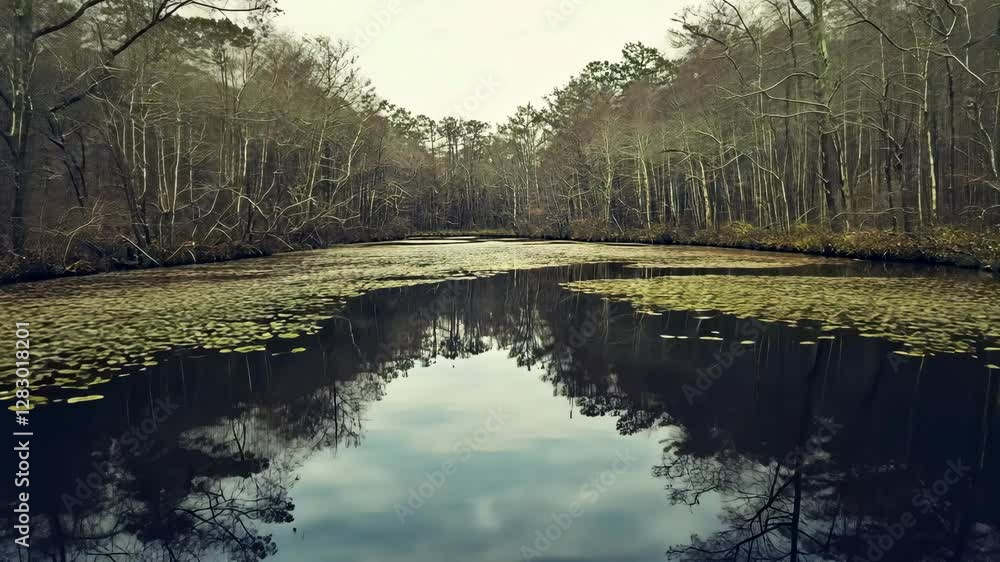 Poster peaceful lake surrounded by bare trees in early spring showcasing reflections and lily pads