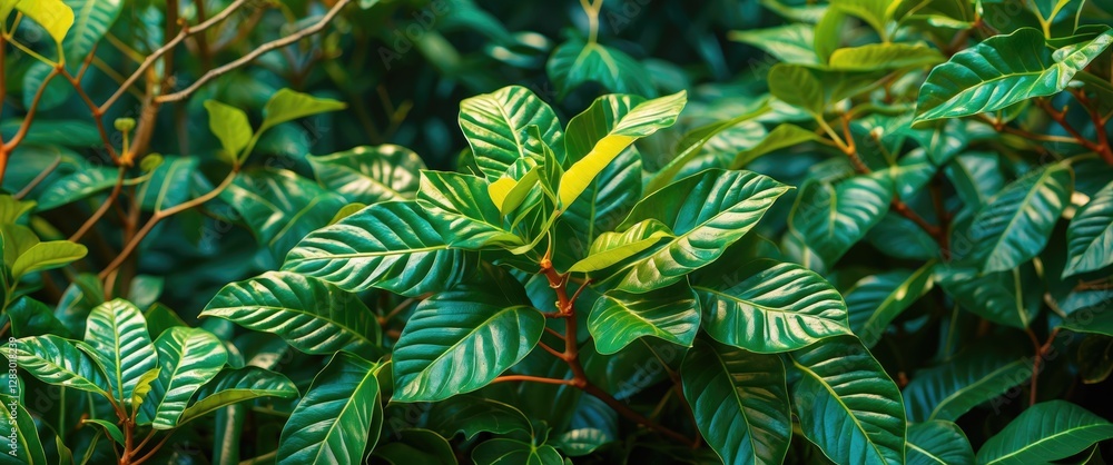 Poster lush green leaves with intricate patterns and glossy textures in natural setting for botanical and n