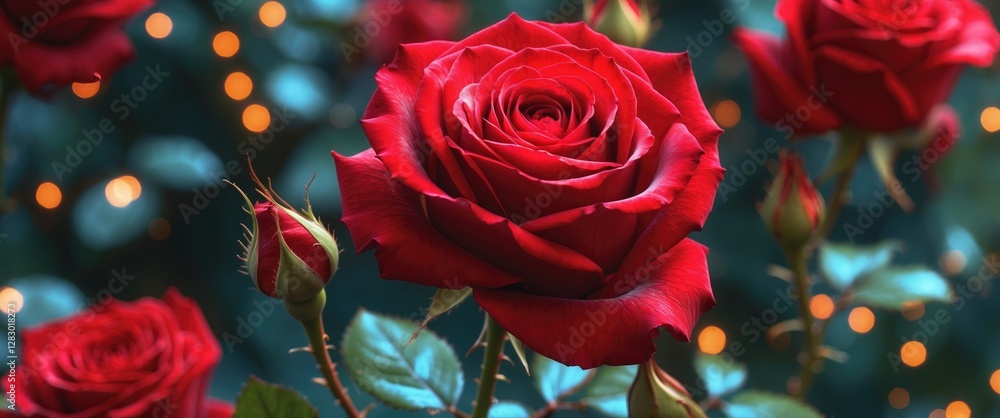 Aufkleber vibrant red roses in a lush garden setting with soft bokeh lights creating an enchanting and decorat