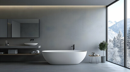 Modern Bathroom Interior With White Bathtub And Large Window With Mountain View
