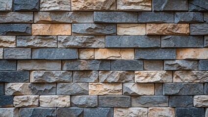 Fototapeta premium Textured stone wall background with a mix of grey and beige stones providing a rustic and natural appearance for design or architectural projects.