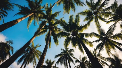Aerial view of tall palm trees in a tropical plantation under a blue sky with dramatic clouds showcasing nature's beauty in Ivory Coast.