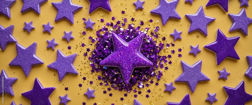 Poster purple glitter star shapes on yellow background with scattered sequins and decorative elements arran
