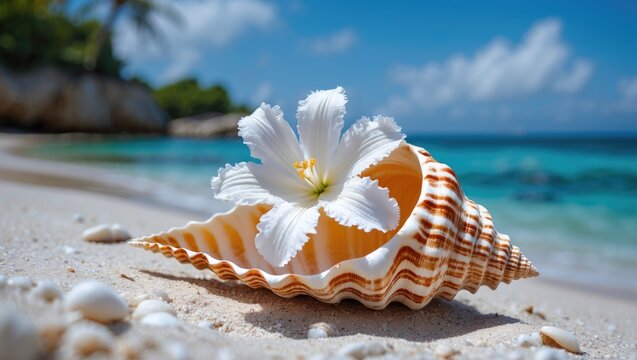 White flower nestled in conch shell on sandy beach with turquoise water and clear blue sky, perfect for vacation or nature themes.