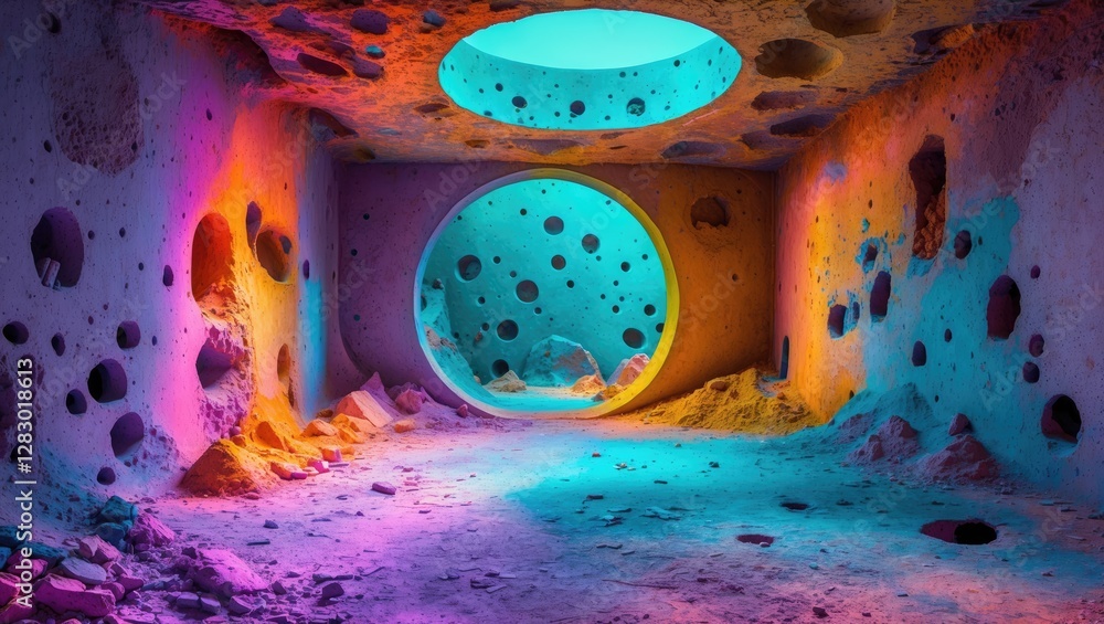 Aufkleber vibrant abstract interior with uneven walls and colorful textures featuring circular openings and il