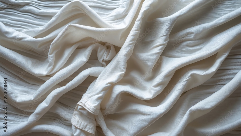 Poster white wrinkled fabric texture draped in soft pleats with natural light creating depth and shadow pat