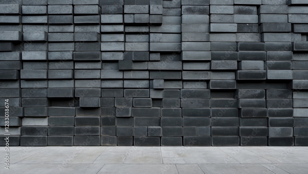 Aufkleber textured abstract wall design with stacked dark gray blocks and concrete floor in modern architectur