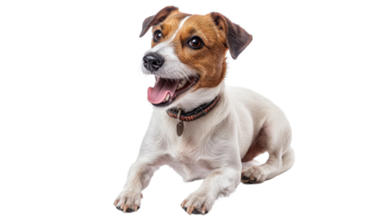 Joyful dog lying with a happy expression indoors